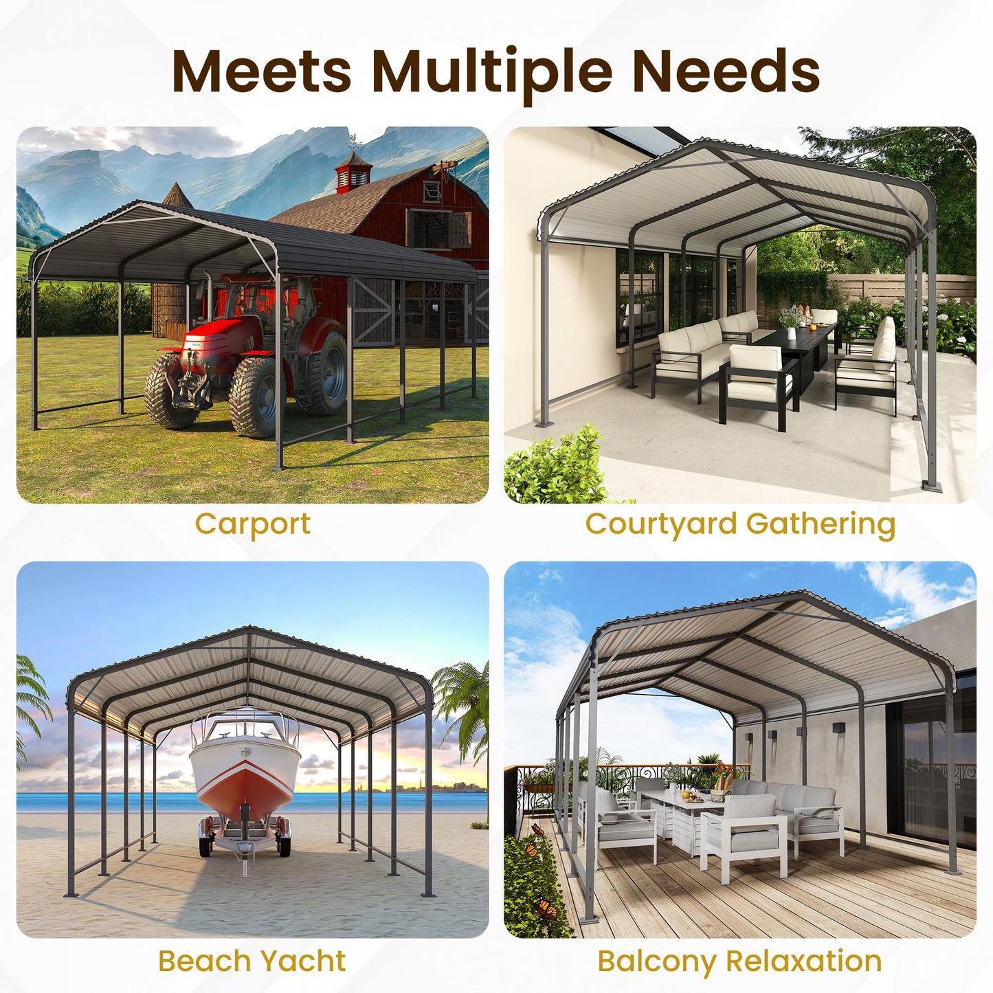 Heynemo 12x20 FT Metal Carport, Heavy Duty Canopy with Updated Roof & Enhanced Base, Multi-Use Carport Garage for Car, Truck, Boat, Tractors, Party, Grey