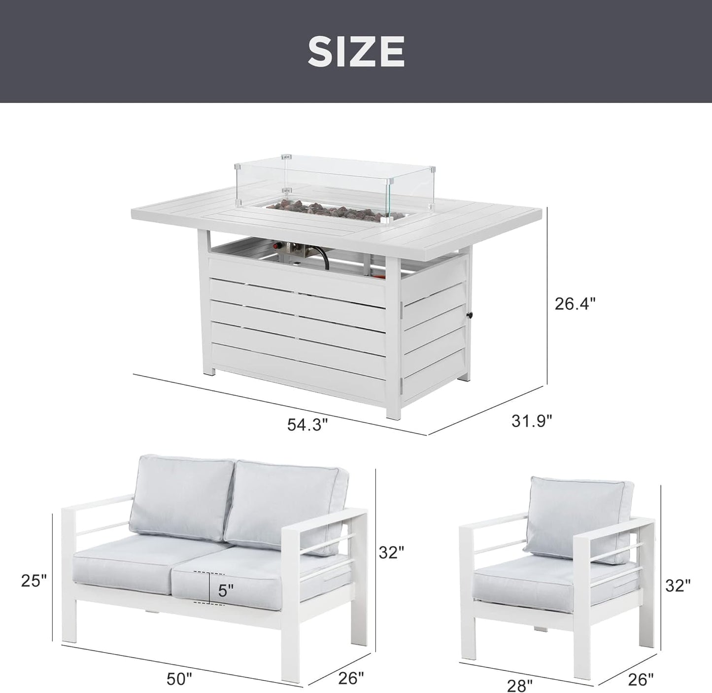 Superjoe Outdoor Furniture Set w/CSA Certified 54in Propane Gas Fire Pit Table, 4 Seats Aluminum Patio Conversation Sofa with 5in Olefin Cover Cushions, White