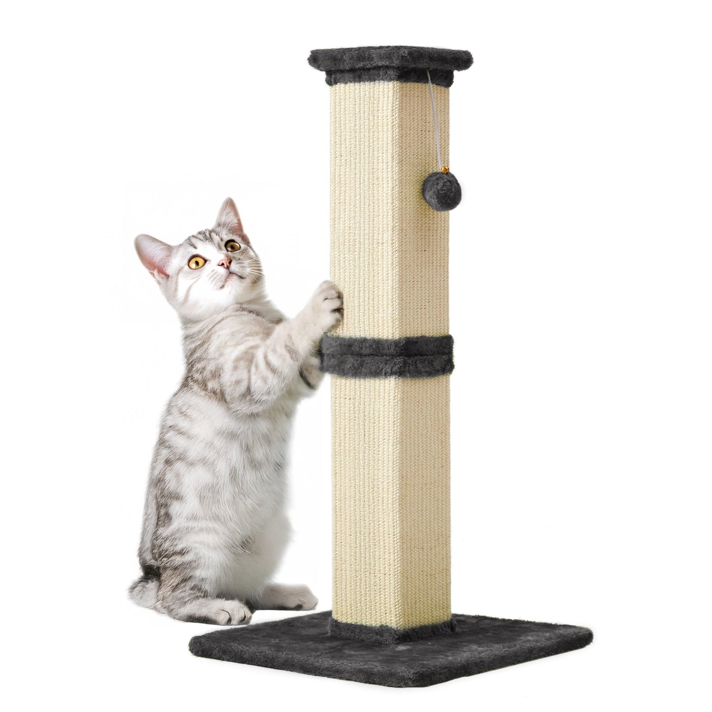 Heynemo 32-Inch Cat Scratching Post with Hanging Ball Toy, Tall Sisal Scratch Post for Indoor Cats, Cat Scratcher for Kittens & Large Cats, Grey