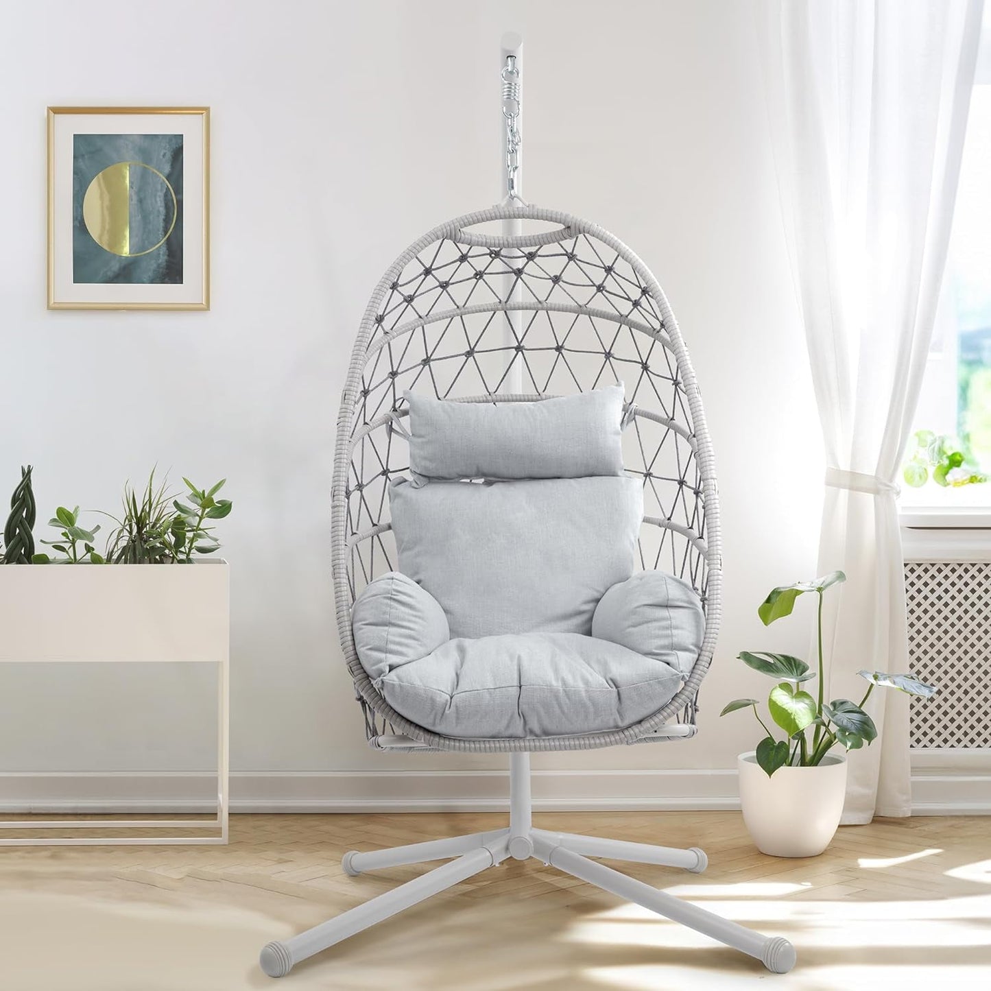 Superjoe Hanging Egg Chair with Stand, Outdoor Patio Wicker Hanging Egg Chair, Egg Swing Chair with Stand 350lbs Capacity for Garden, Balcony, Bedroom, Beige & Gray