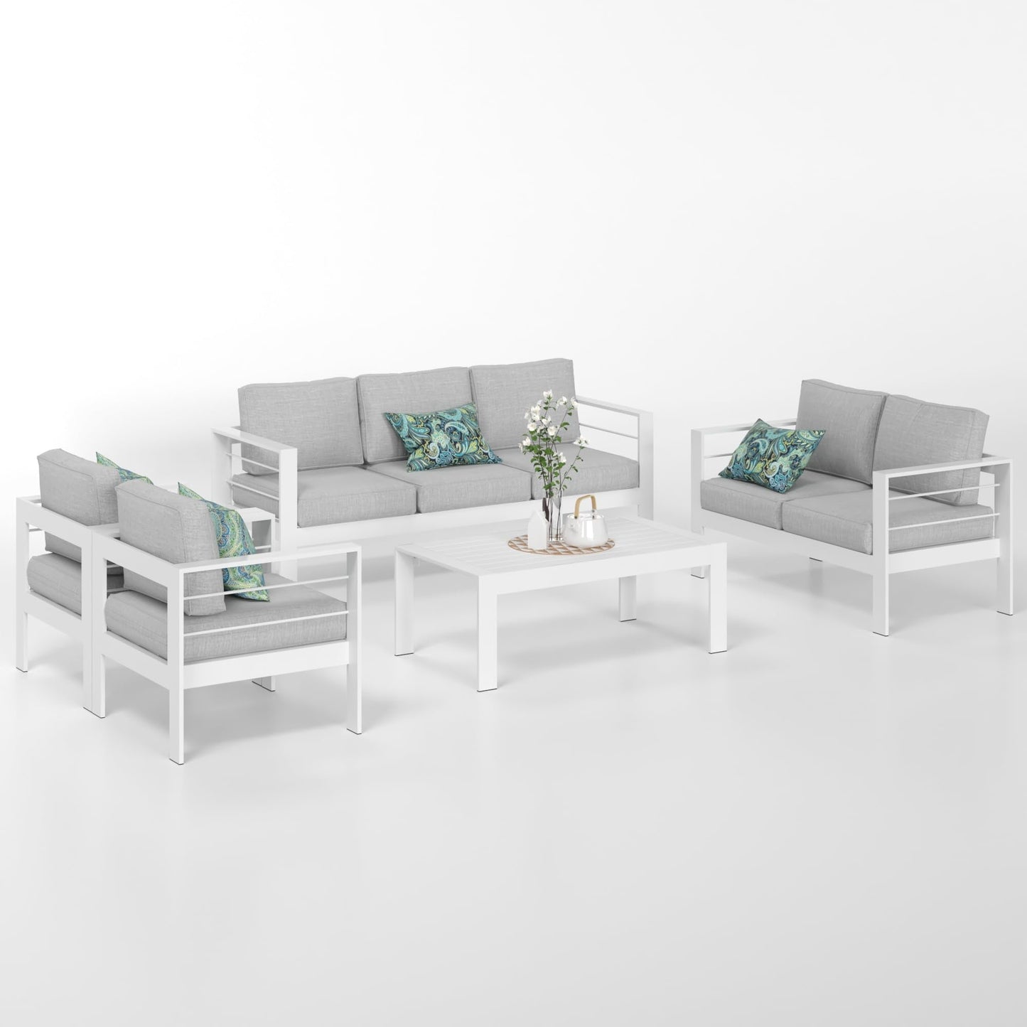 CozyHom 7 Seats Contemporary Outdoor Patio Aluminum Sofa Furniture Sets Modern Patio Sectional Conversation Couch Sets Sectional Sofa Chair Set, White