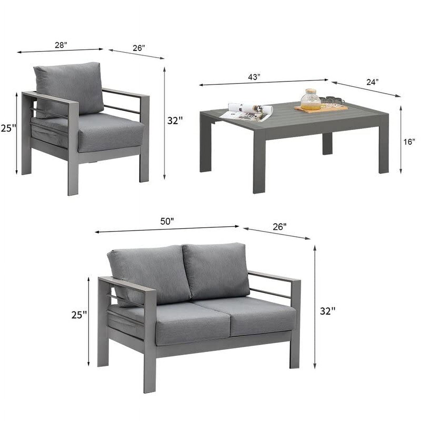 CozyHom 4 Seats Outdoor Aluminum Furniture Sofa Sets For All-Season Patio Aluminum Sectional Conversation Couch Set With Table And Cushions, Gray