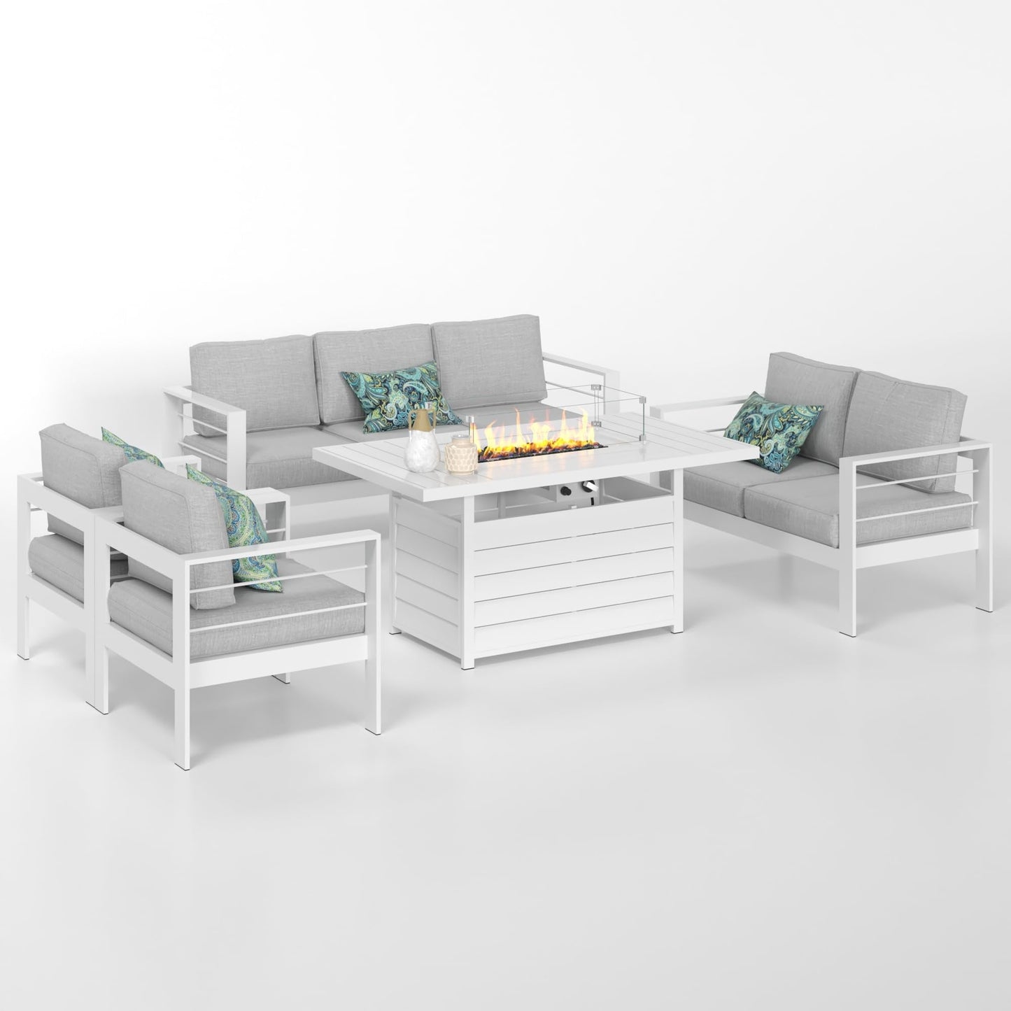 CozyHom 8Pcs Outdoor Patio Aluminum Sofa Furniture Sets With Fireplace Table, All Seasons Patio Sectional Metal Conversation Couch Furniture, White