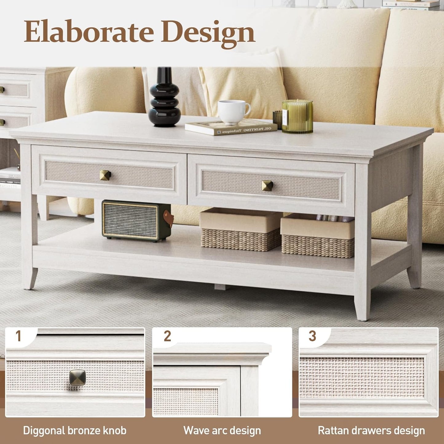 CozyHome 44" Rattan Farmhouse Coffee Table with 2 Drawers, Boho 2 Tier Tea Table, Accent Center Sofa Table with Storage Shelf, Grayish White
