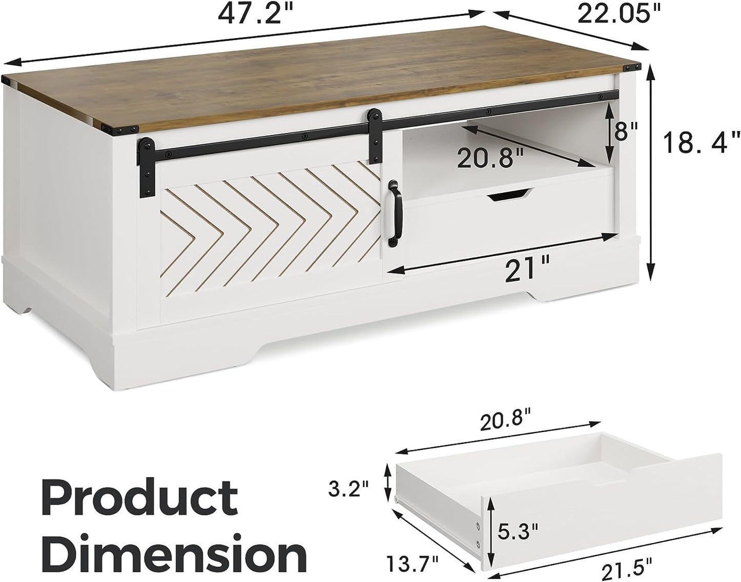 CozyHom Farmhouse Rectangular Coffee Table with Storage Drawer and Sliding Barn Door Furniture, Rustic Coffee Table with Open Shelves for Living Meeting Room, Oak-White
