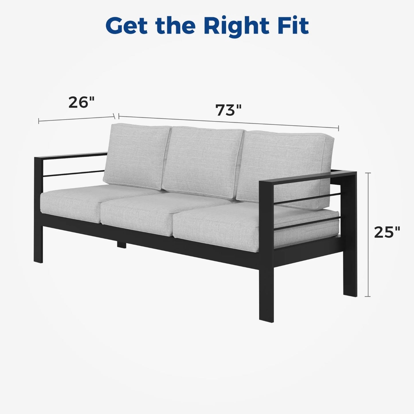Superjoe Outdoor 3 Seats Patio Furniture Aluminum Sofa, All-Weather Couch Black Metal Chair with 5 Inch Cushions, Light Grey