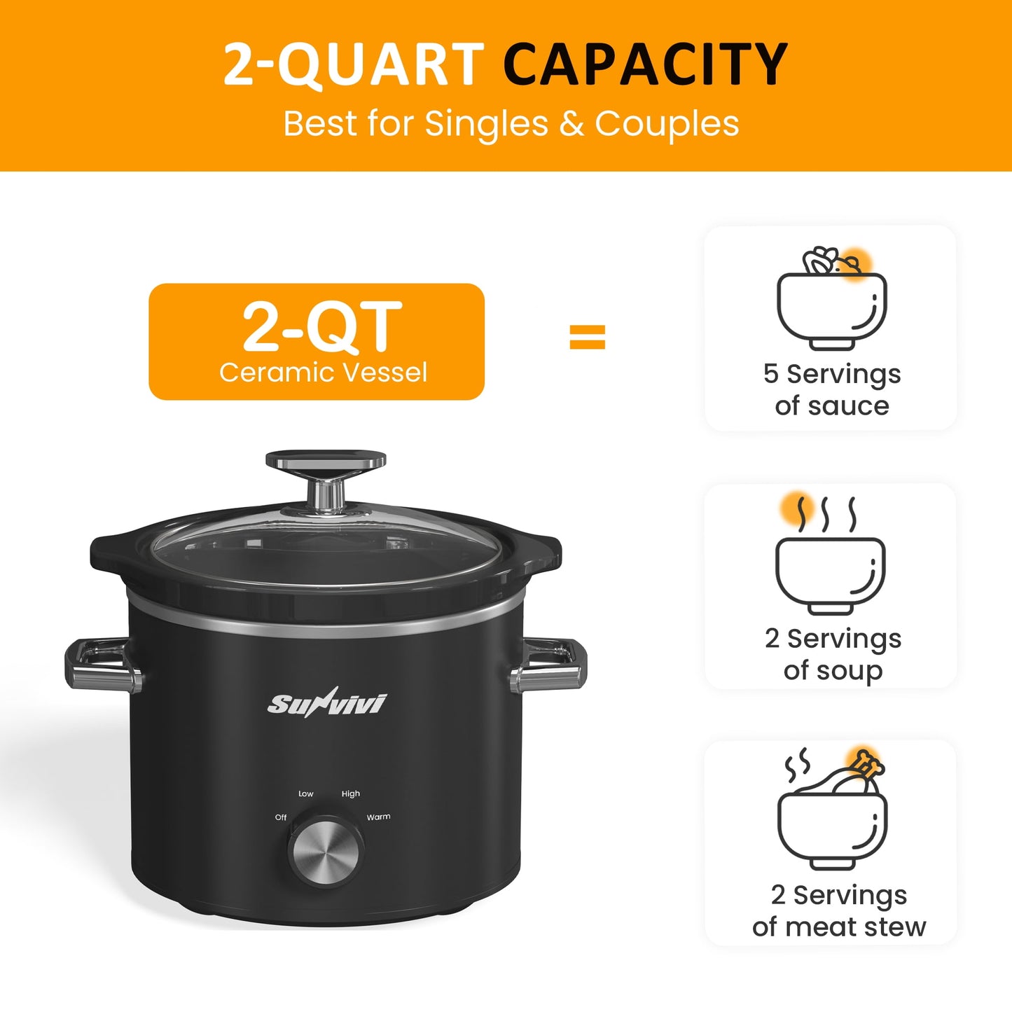 2QT Small Slow Cooker with Removable Ceramic Pot, 3 Heating Settings, Dishwasher-Safe Glass Lid, Black