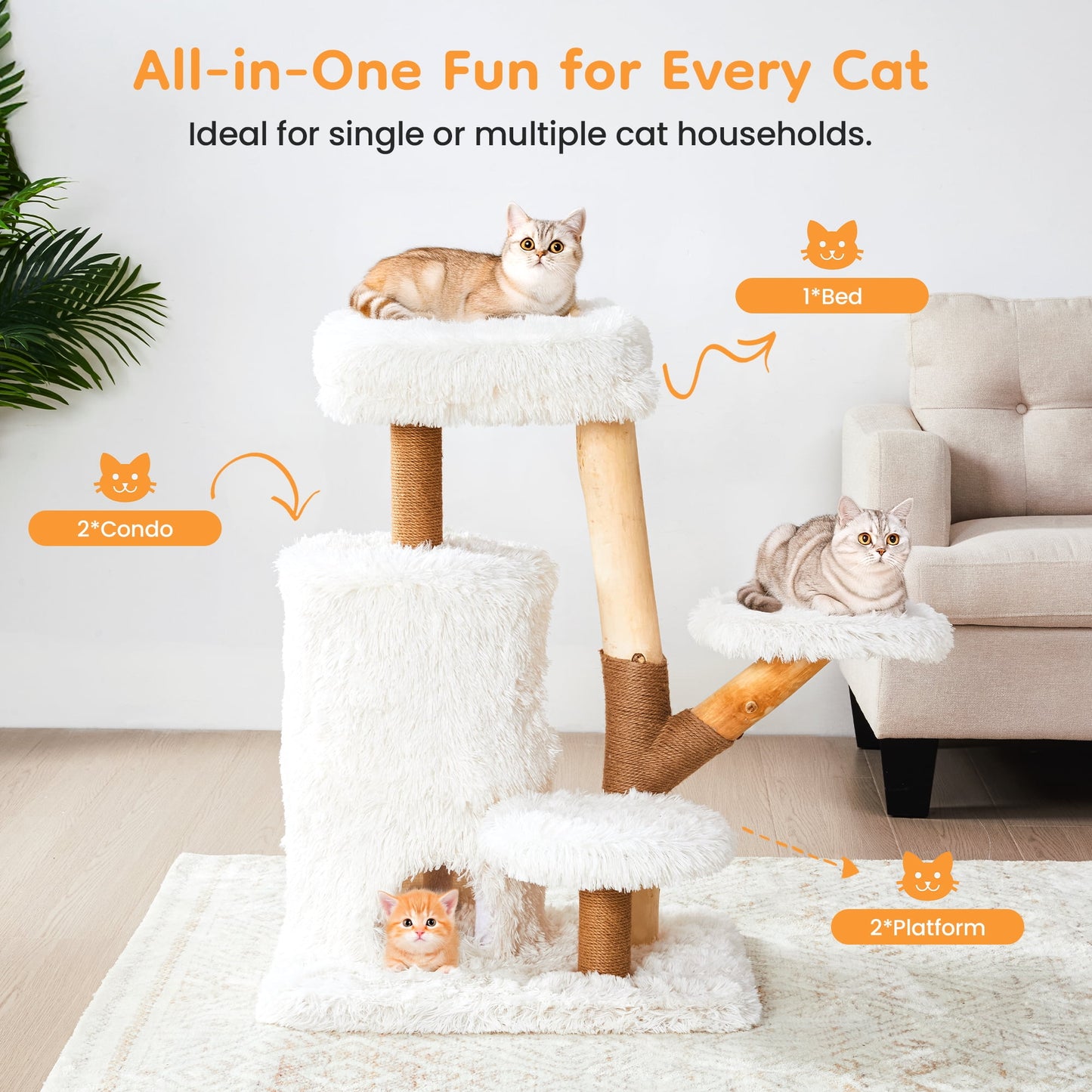 Heynemo 35-Inch Cozy Cat Tower with Scratch Posts, Two Cat Hideouts, Soft Pads, and Washable Cushion Cover,White