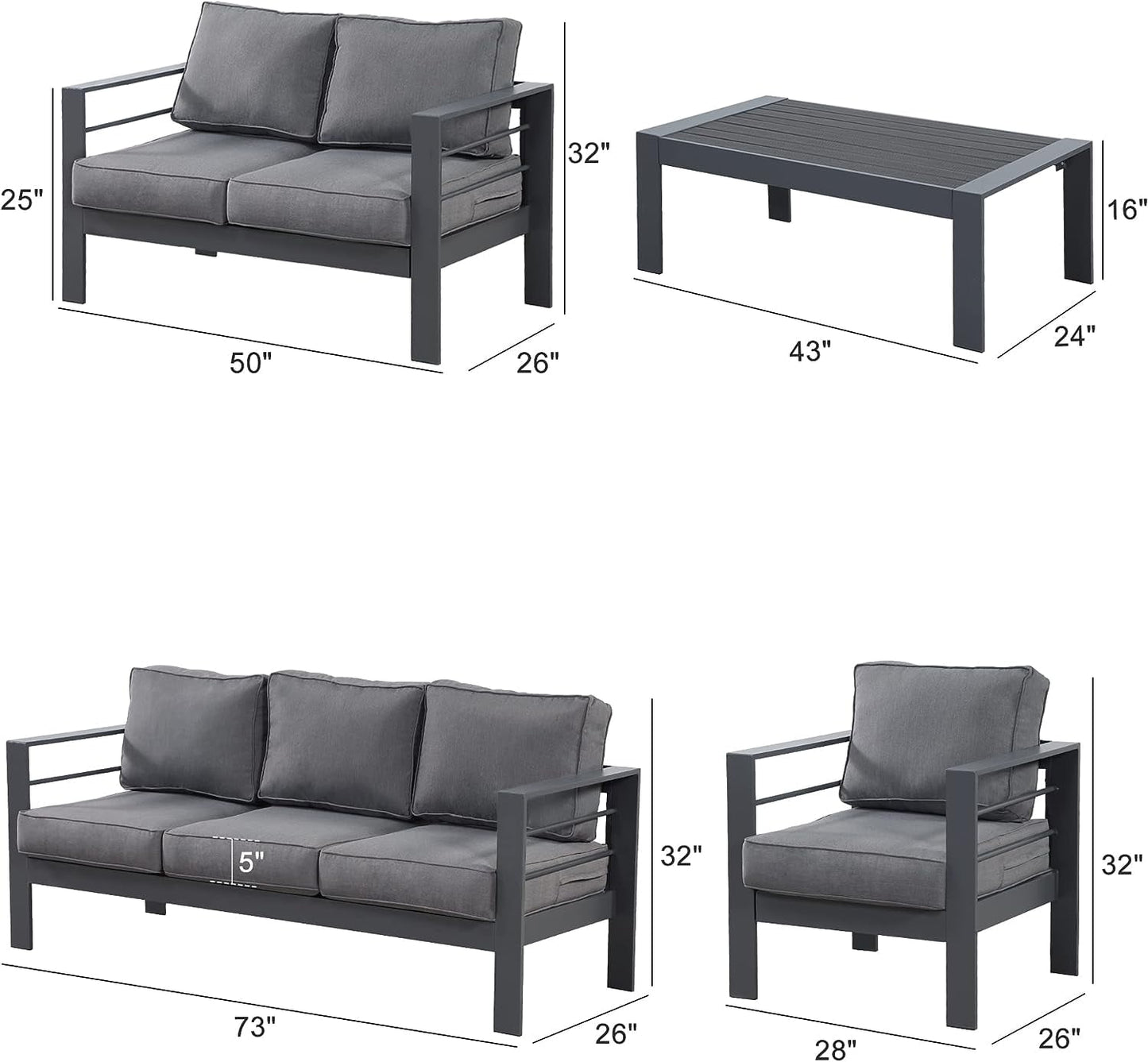 Superjoe 5 Pcs Outdoor Aluminum Furniture Set 7 Seats Patio Sectional Chat Sofa Set Metal Conversation Sofa with 5 Inch Cushion and Coffee Table for Balcony, Garden, Dark Grey