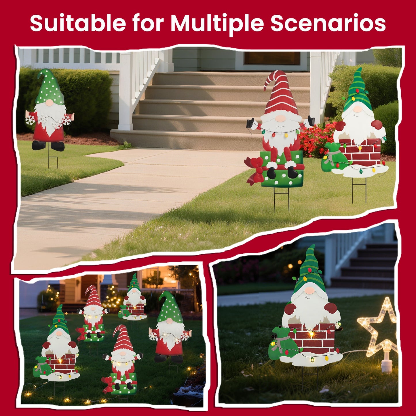 Heynemo Solar Christmas Gnome Yard Stake, Lighted Metal Holiday Garden Decoration, Waterproof Lawn & Pathway Ornament, Chimney Style