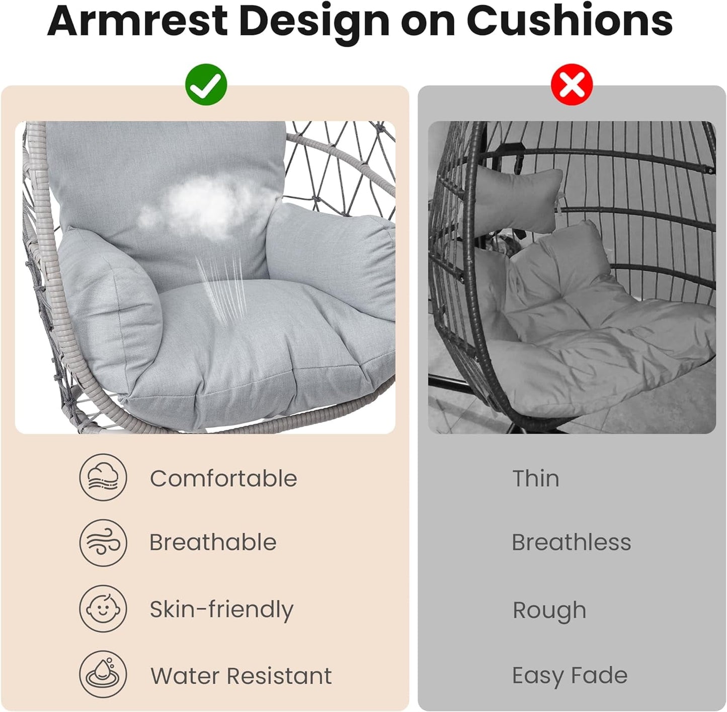 Superjoe Hanging Egg Chair with Stand, Outdoor Patio Wicker Hanging Egg Chair, Egg Swing Chair with Stand 350lbs Capacity for Garden, Balcony, Bedroom, Beige & Gray