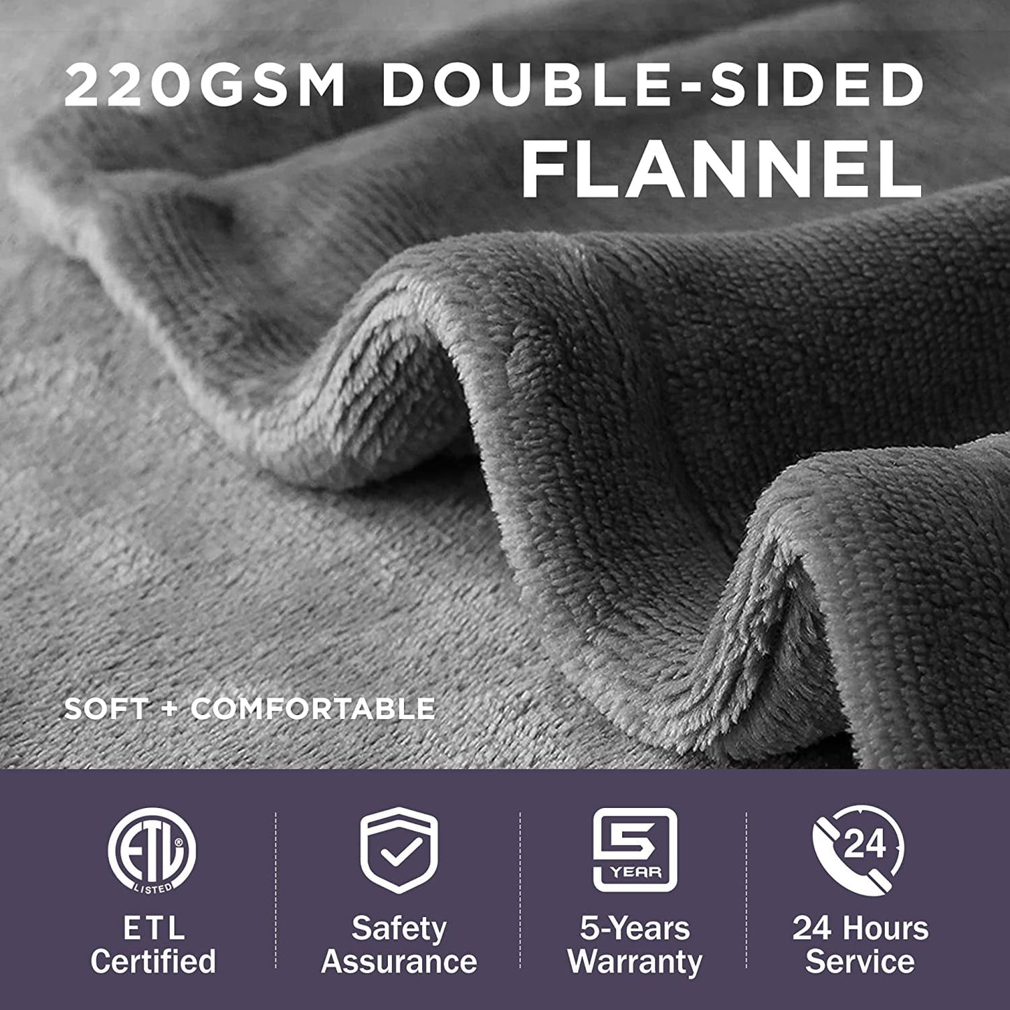 Royalcraft Electric Blanket King Size 90"x100" Flannel Heated Throw Blanket, Dual Controls Setting Electric Blanket, 10 Heating Levels, 12H Auto-off, 5 Years Warranty, Machine Washable