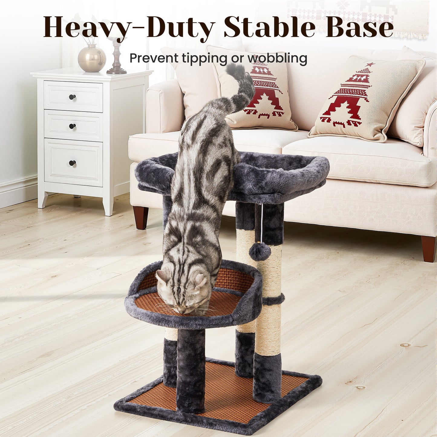 Heynemo Multi-Level Cat Tree with Sisal Scratching Posts & Cooling Mat - 2 Beds, Gray