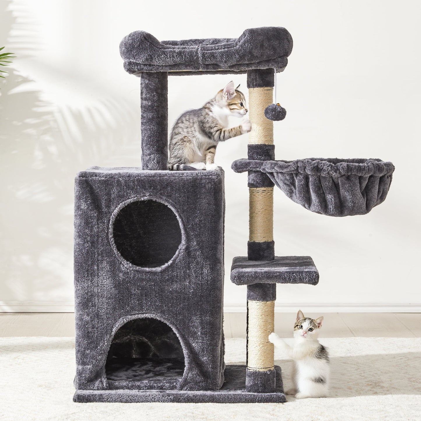 Heynemo Multi-Level Cat Tree Tower for Large Cats with Scratching Posts, Condos, Perch, Hammocks & Toys ¨C Modern Indoor Cat Jungle Gym for 2¨C3 Cats, 19.7" x 15.7" x 35.8", Dark Grey