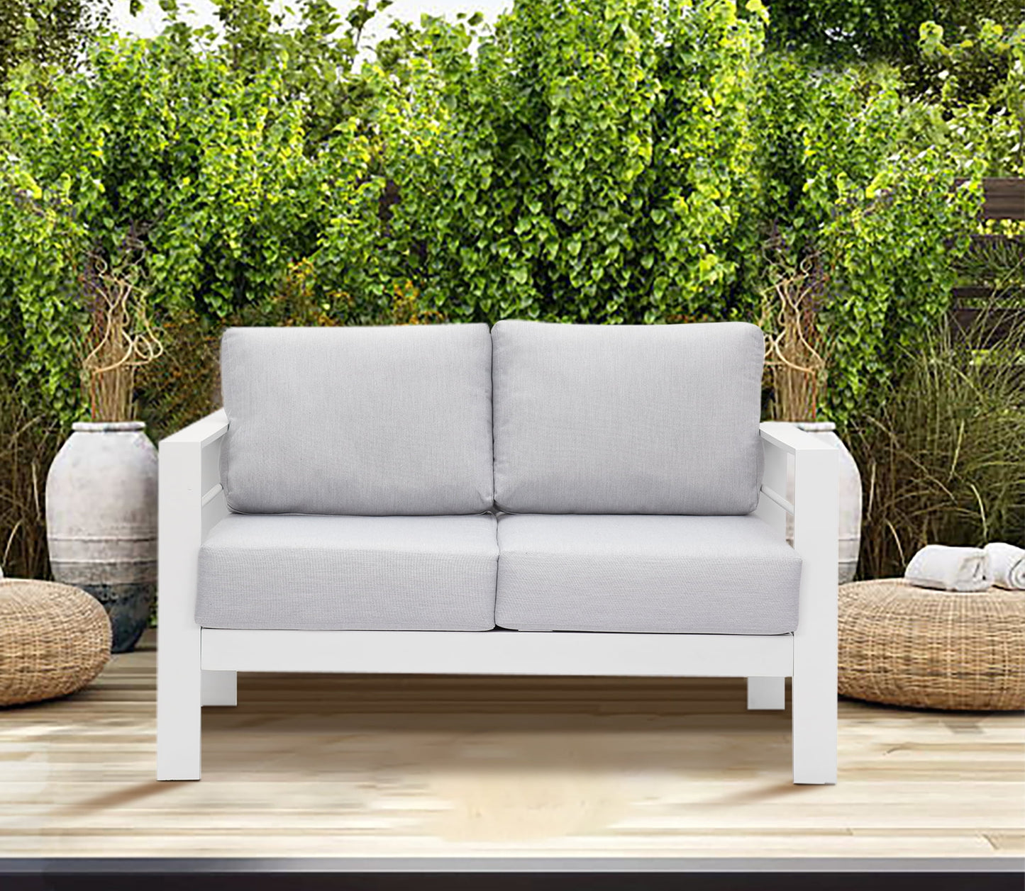 Superjoe Outdoor 2-Seat Patio Aluminum Loveseat Sofa Couch Furniture with Light Grey Cushions, White