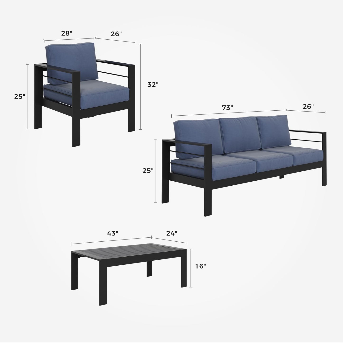 CozyHom 5 Pcs Outdoor Patio Aluminum Furniture Sofa Sets, Outside Patio Conversation Couch Sets With Table&Cushions for Garden/Porch, Blue