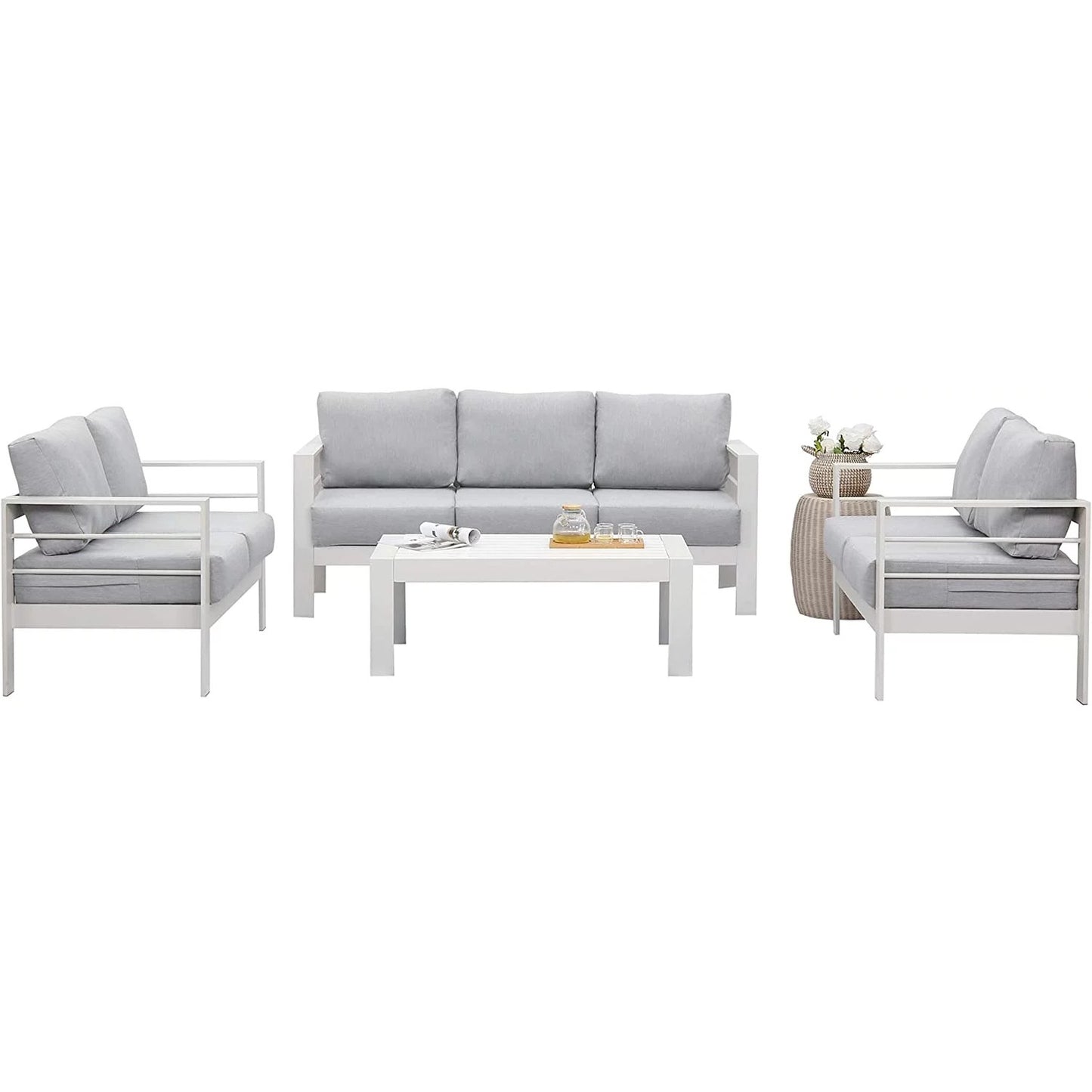Heynemo Superjoe 7 Seats Outdoor Furniture Sofa Set Aluminum Patio Conversation Set With Coffee Table and 5 Inches Cushions, White