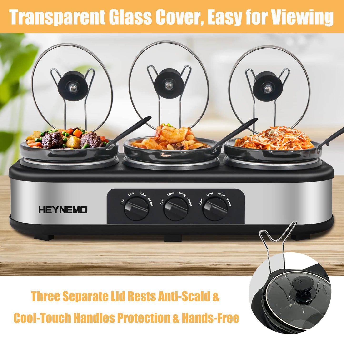 HEYNEMO Triple Slow Cooker Buffet Servers 3 x 1.5 QT and Food Warmer