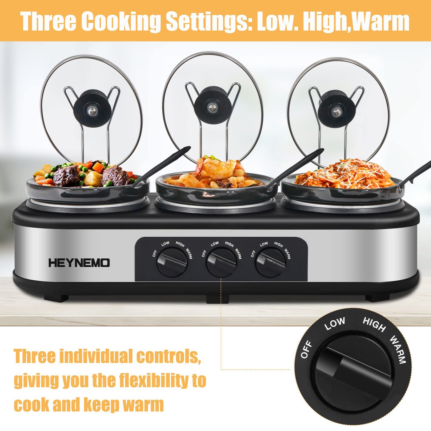 HEYNEMO Triple Slow Cooker Buffet Servers 3 x 1.5 QT and Food Warmer