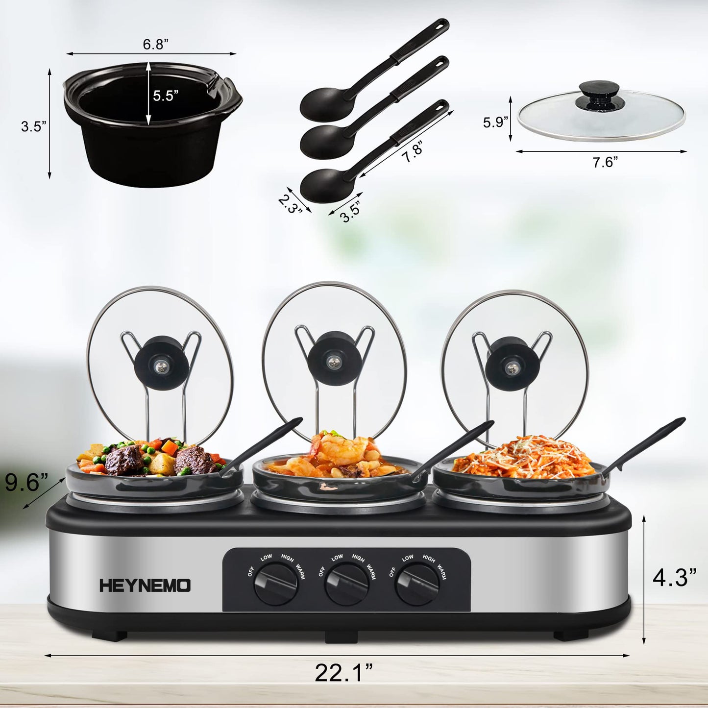 HEYNEMO Triple Slow Cooker Buffet Servers 3 x 1.5 QT and Food Warmer