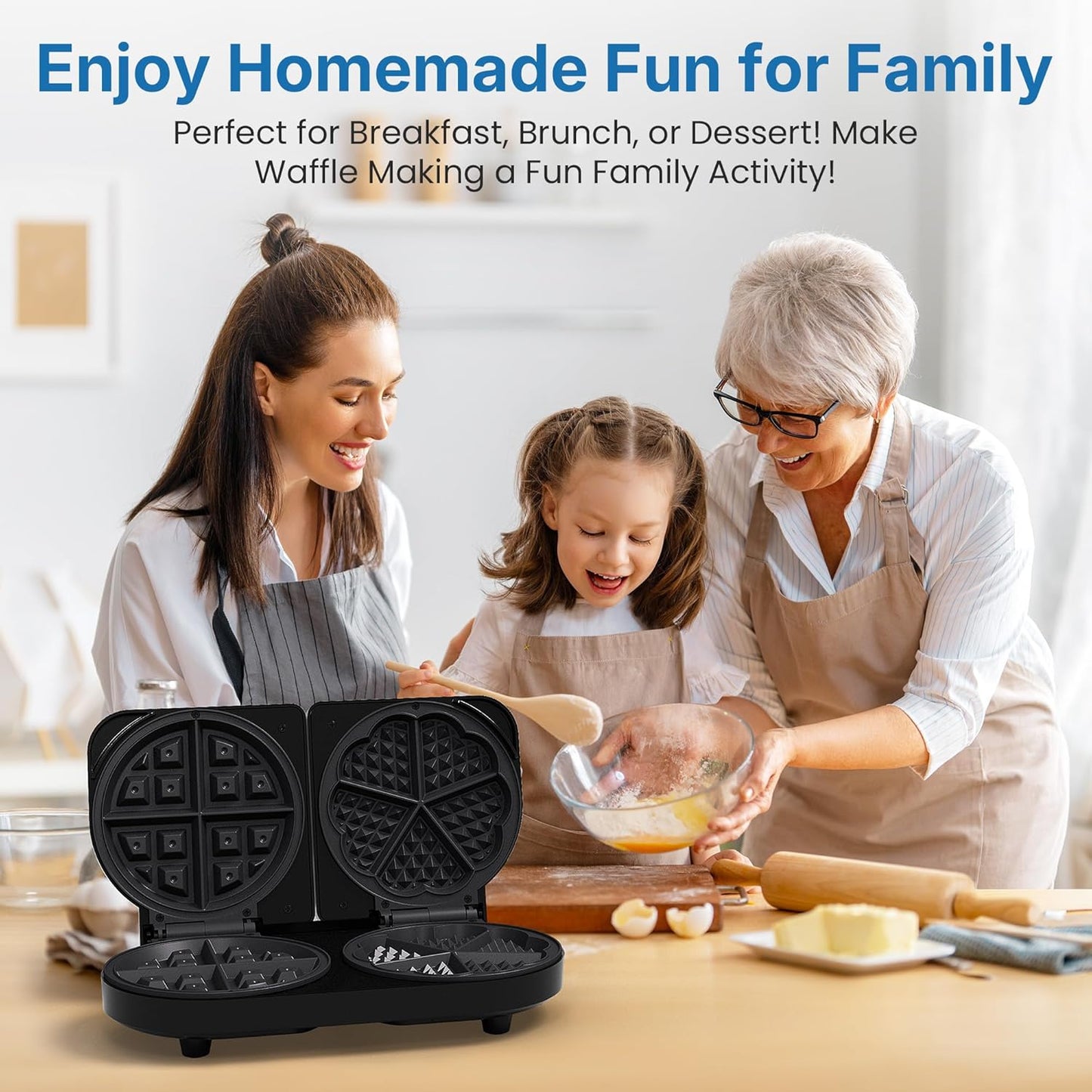 Sunvivi Dual Waffle Maker: Heart Waffle & Classic Waffle Iron with 2 Adjustable Temp Knobs