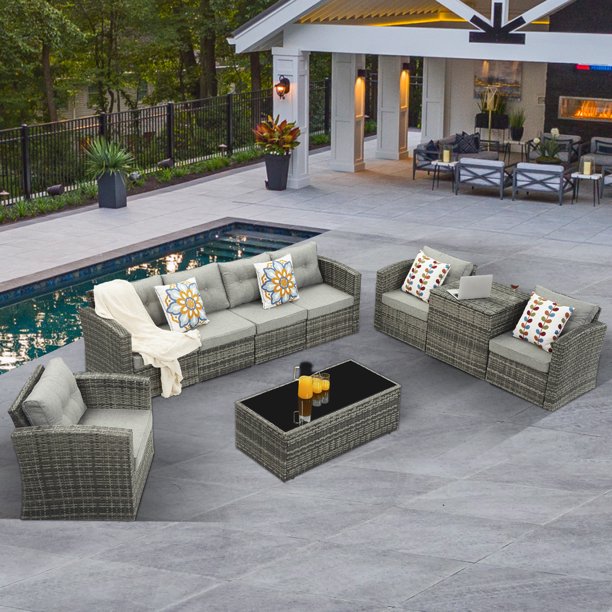 Royalcraft Outdoor Patio Furniture,10 Pieces All-Weather Patio Conversation Set Wicker Sectional Sofa with Non-slip Cushions,Aluminum Frame,Grey