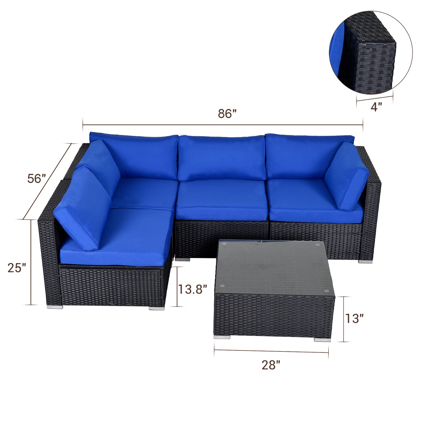 5 Piece Sectional Set with Coffee Table, Navy Blue Cushions - Sunvivi