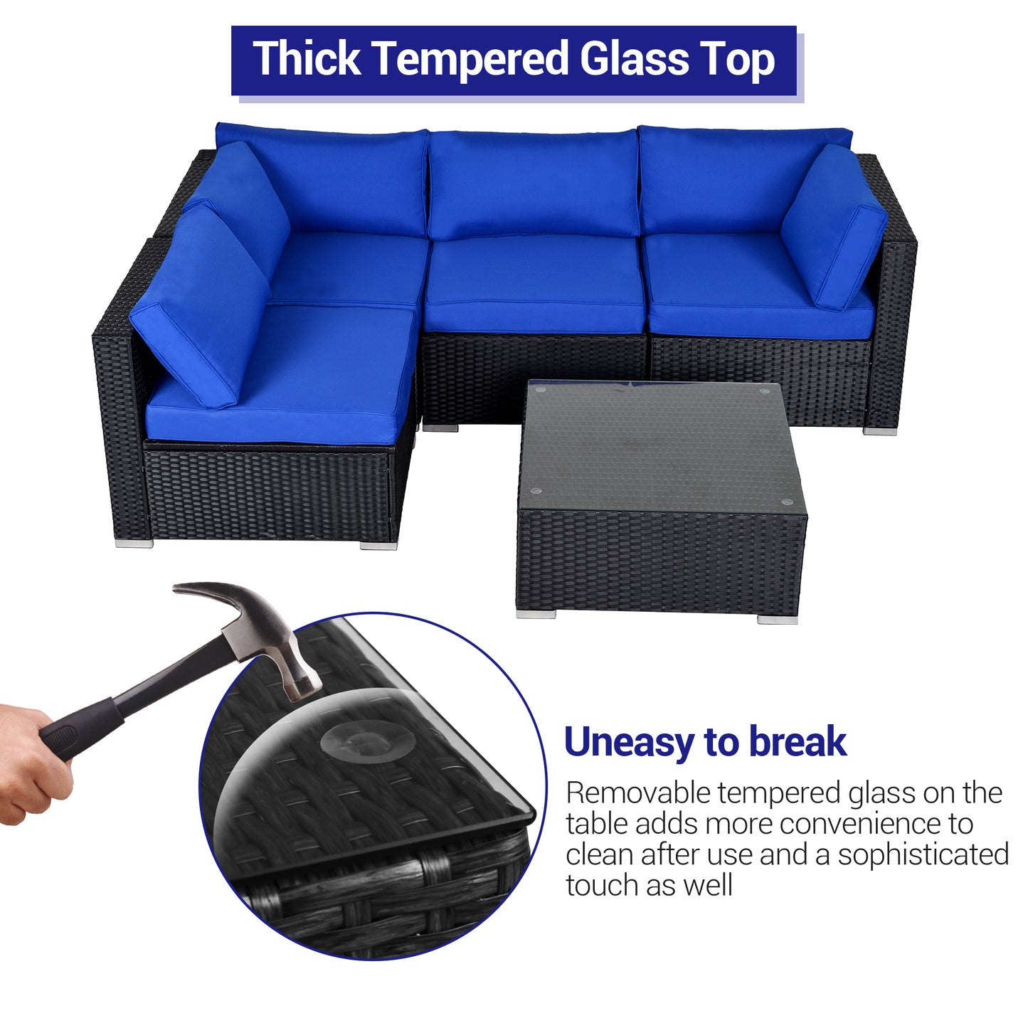 5 Piece Sectional Set with Coffee Table, Navy Blue Cushions - Sunvivi