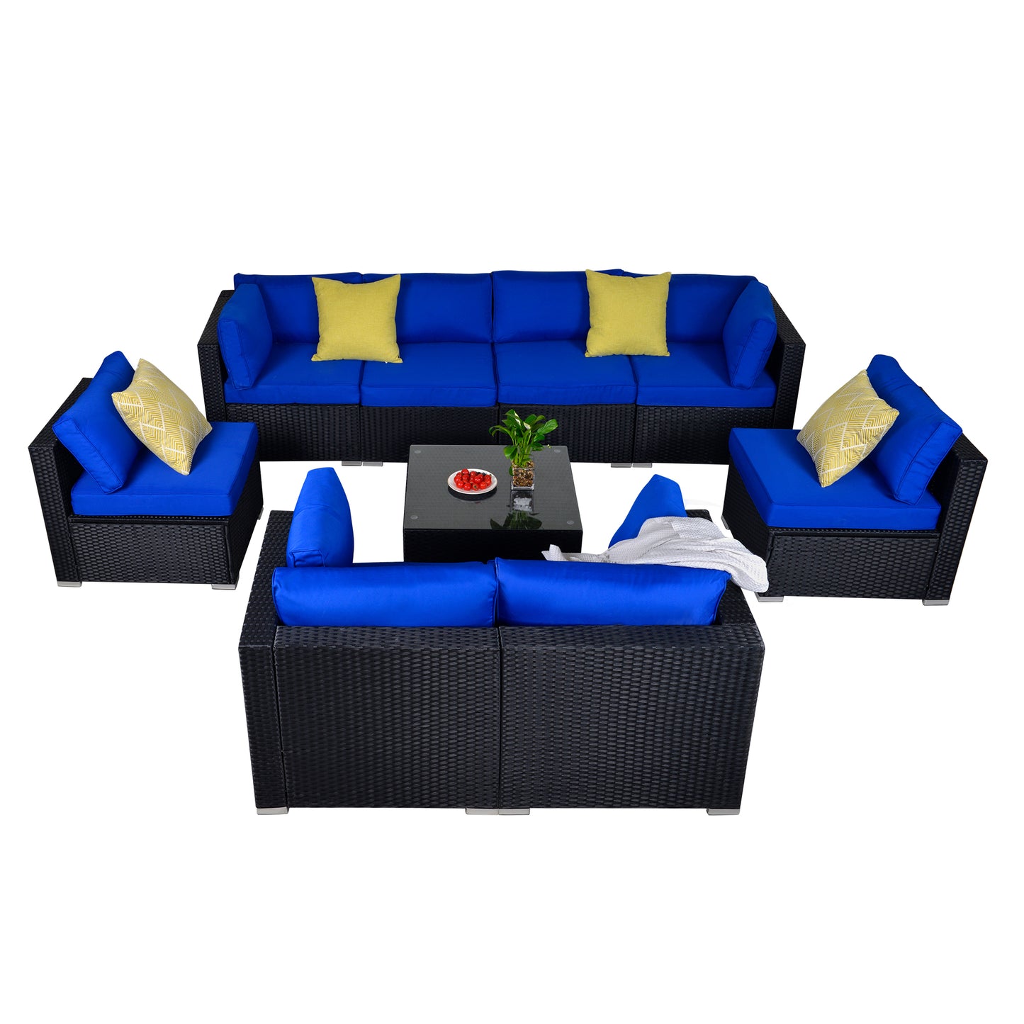 9 Piece Conversation Sofa Set, Navy Blue Cushions - Sunvivi