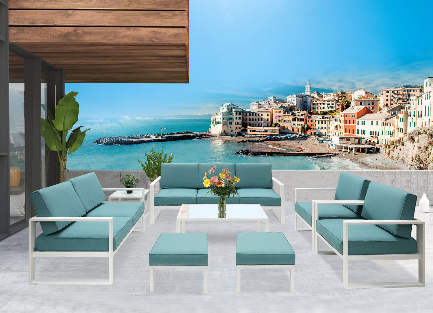 Aluminum Patio Furniture Set, 8 Pieces Outdoor Conversation Set All-Weather Modern Metal Couch Outdoor Sectional Sofa with Ottomans and Coffee Table (blue)