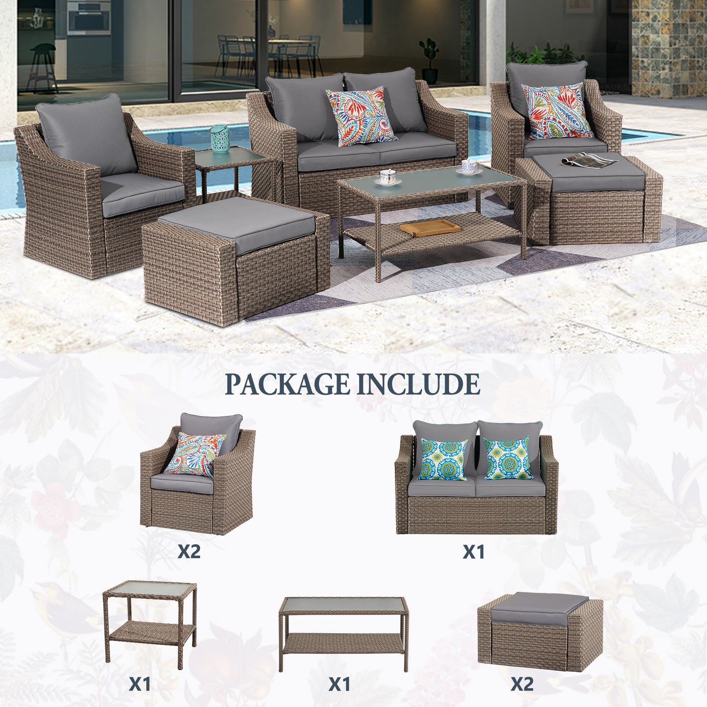 Outdoor Patio Sectional Furniture Set, 7 Piece PE Wicker Patio Conversation Sets Couch with Washable Cushions & Glass Table, Outdoor Rattan Sofa for Garden, Lawn, Backyard (Gray)