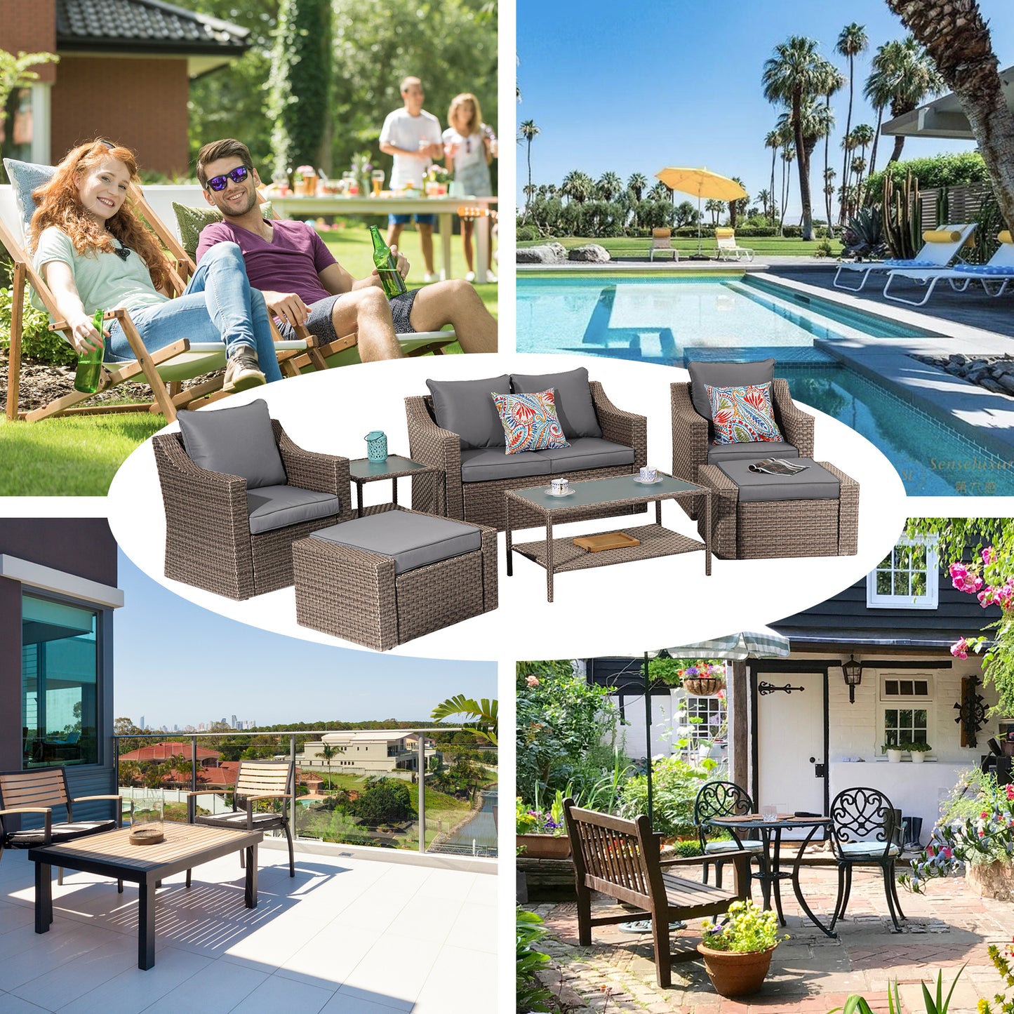 Outdoor Patio Sectional Furniture Set, 7 Piece PE Wicker Patio Conversation Sets Couch with Washable Cushions & Glass Table, Outdoor Rattan Sofa for Garden, Lawn, Backyard (Gray)