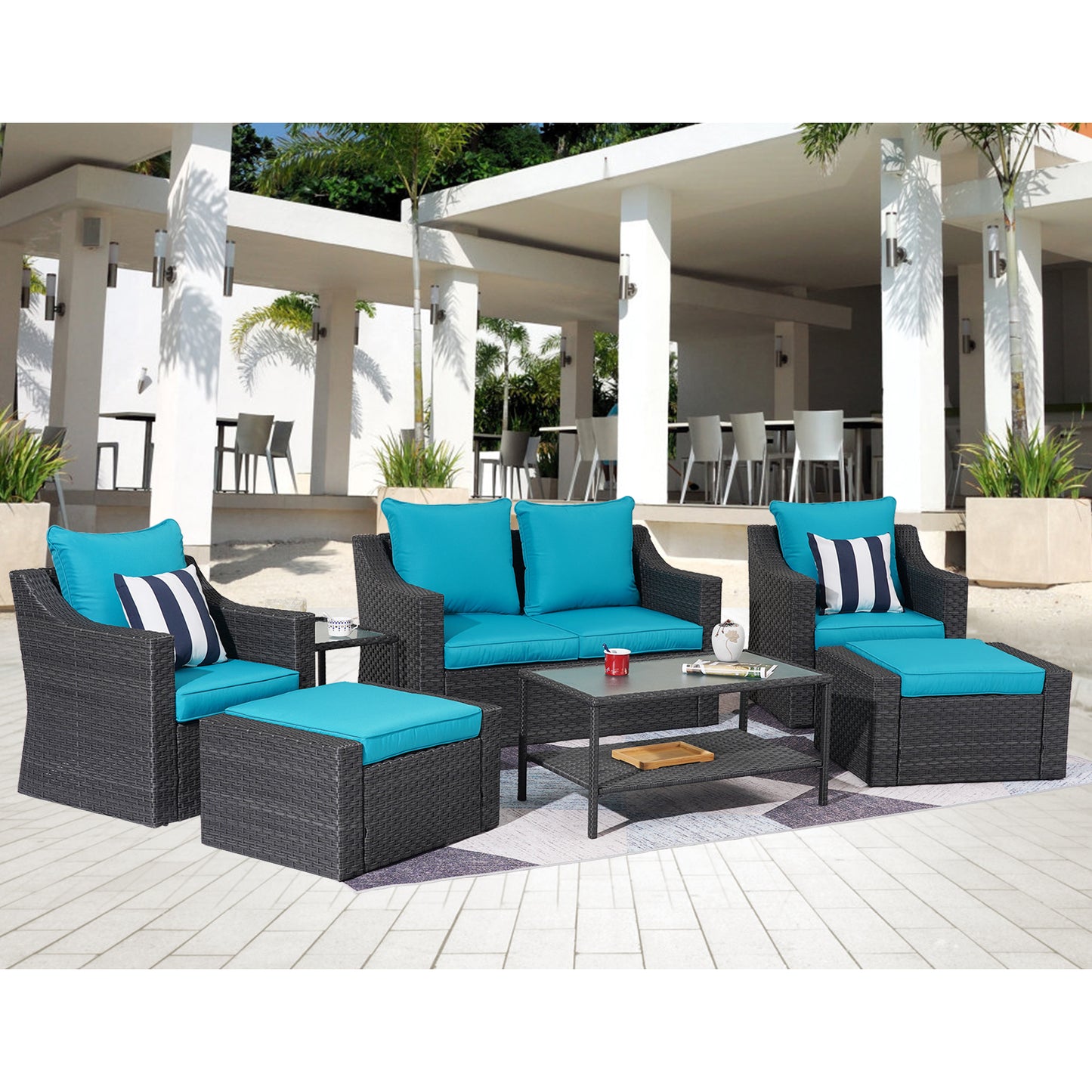 Outdoor Patio Sectional Furniture Set, 7 Piece PE Wicker Patio Conversation Sets Couch with Washable Cushions & Glass Table, Outdoor Rattan Sofa for Garden, Lawn, Backyard (Blue)