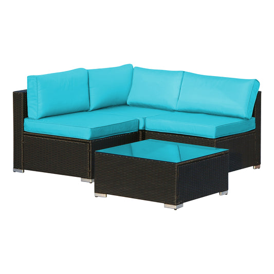 4 Pieces Outdoor Sectional Set with Coffee Table, Turquoise Cushions - Sunvivi