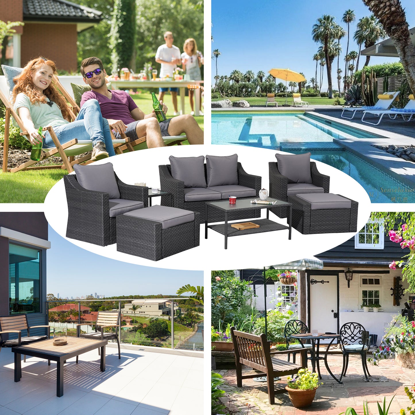 Outdoor Patio Sectional Furniture Set, 7 Piece PE Wicker Patio Conversation Sets Couch with Washable Cushions & Glass Table, Outdoor Rattan Sofa for Garden, Lawn, Backyard (Gray)