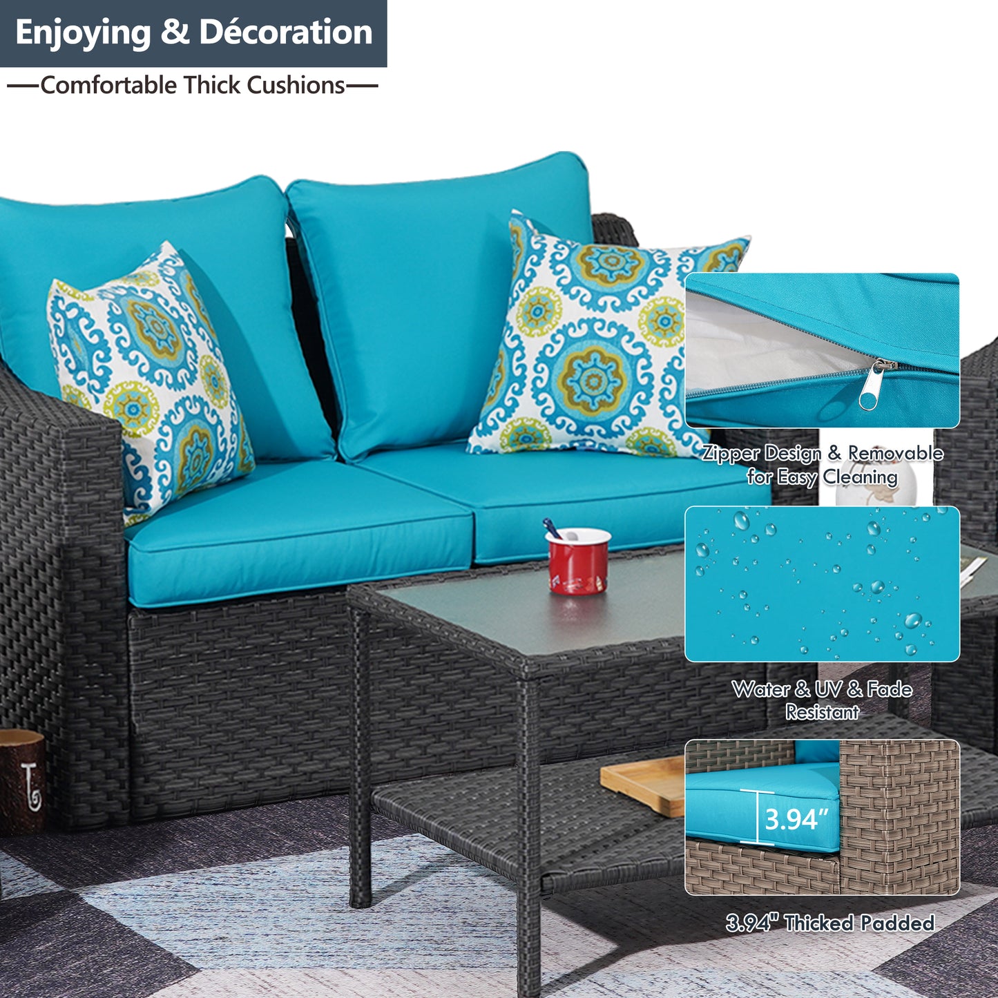 Outdoor Patio Sectional Furniture Set, 7 Piece PE Wicker Patio Conversation Sets Couch with Washable Cushions & Glass Table, Outdoor Rattan Sofa for Garden, Lawn, Backyard (Blue)