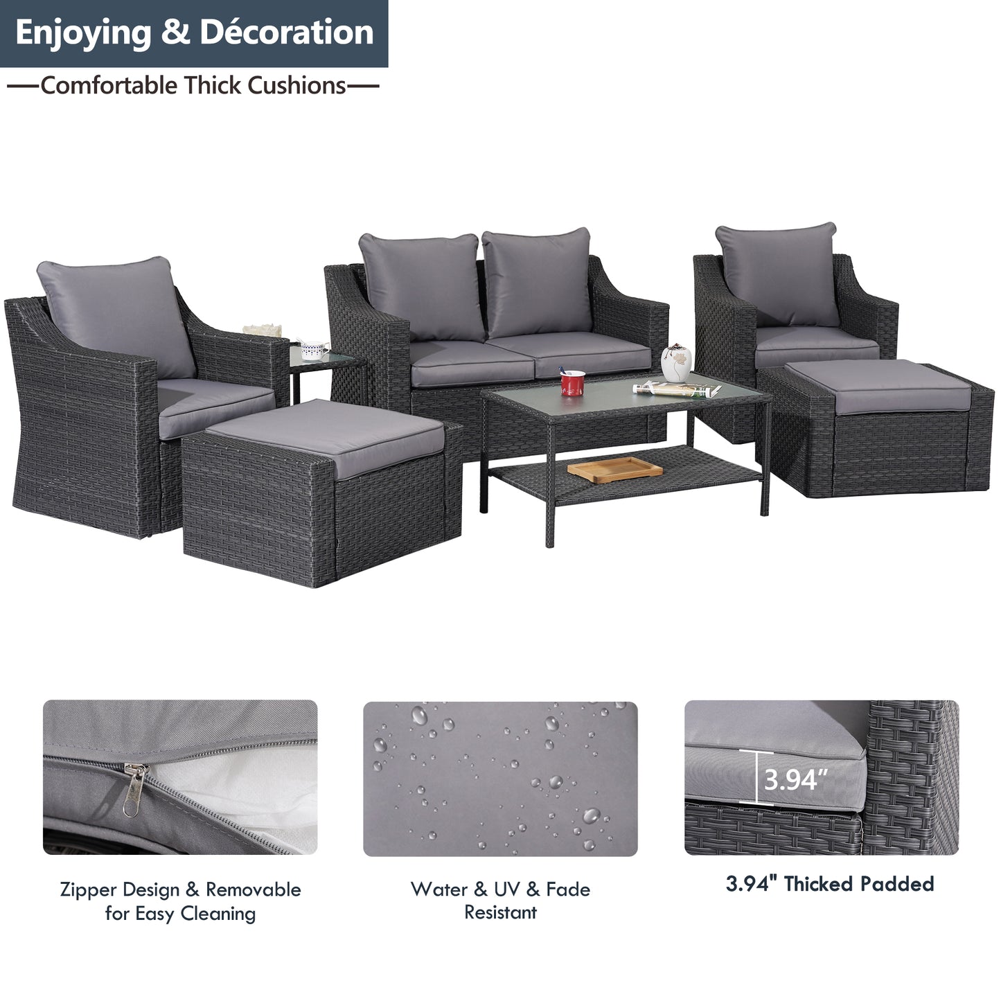 Outdoor Patio Sectional Furniture Set, 7 Piece PE Wicker Patio Conversation Sets Couch with Washable Cushions & Glass Table, Outdoor Rattan Sofa for Garden, Lawn, Backyard (Gray)