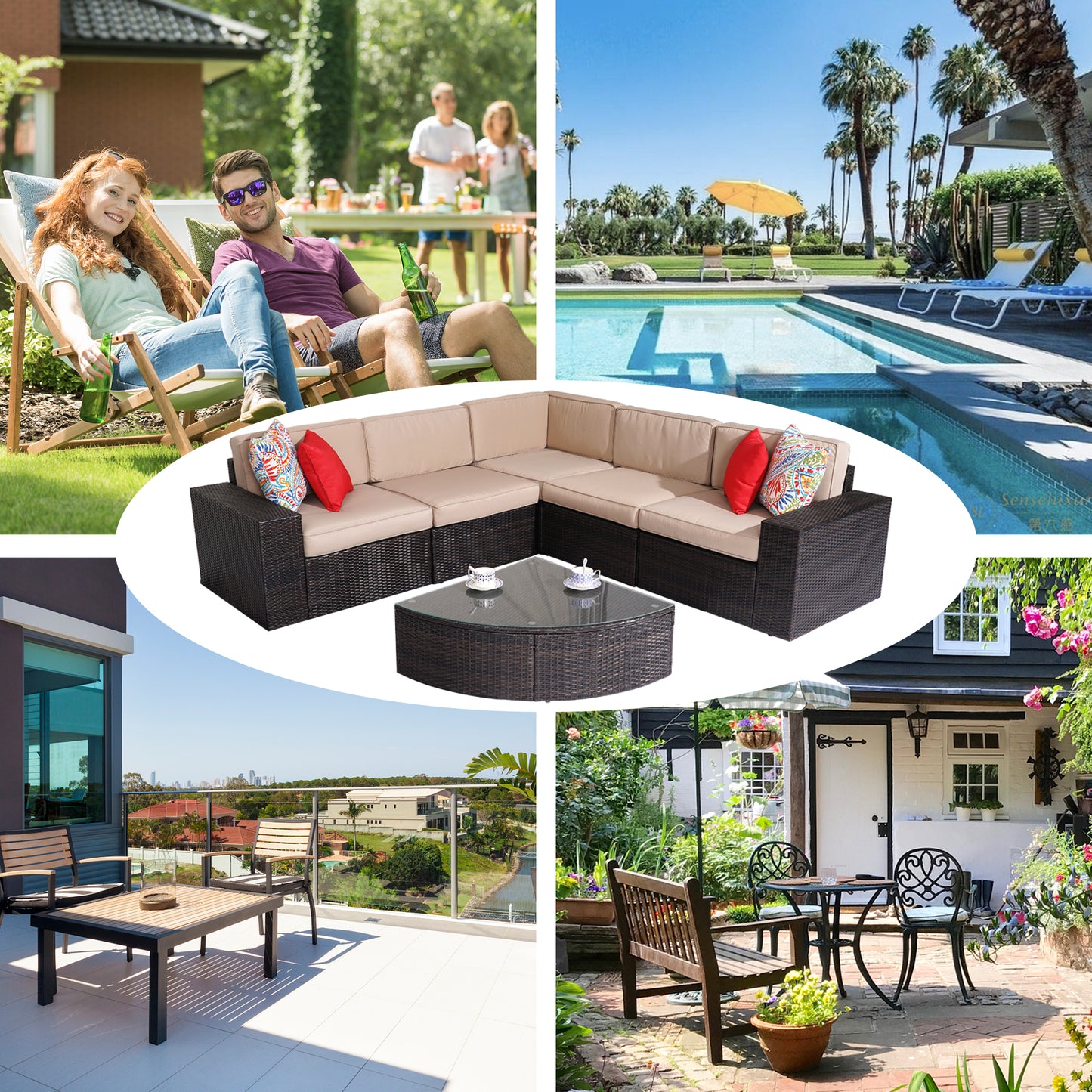 Outdoor Patio Furniture Set, 6-Piece Outdoor Conversation Sets All Weather Rattan Wicker Sectional Sofa Sets, Coffee