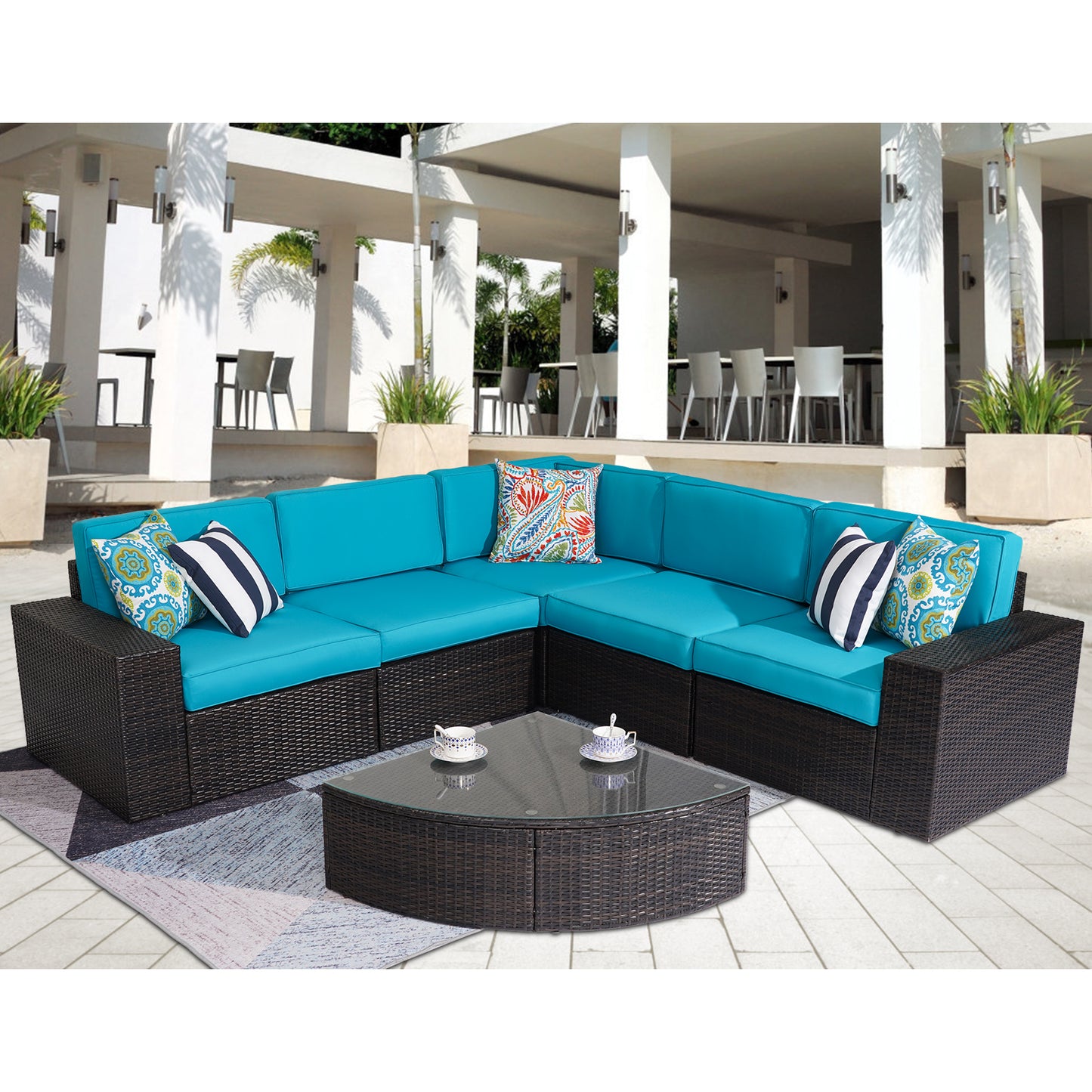 Outdoor Patio Furniture Sets, 6-Piece Patio Sectional Furniture Set, All-Weather Rattan Wicker Patio Sofa Chair, Blue