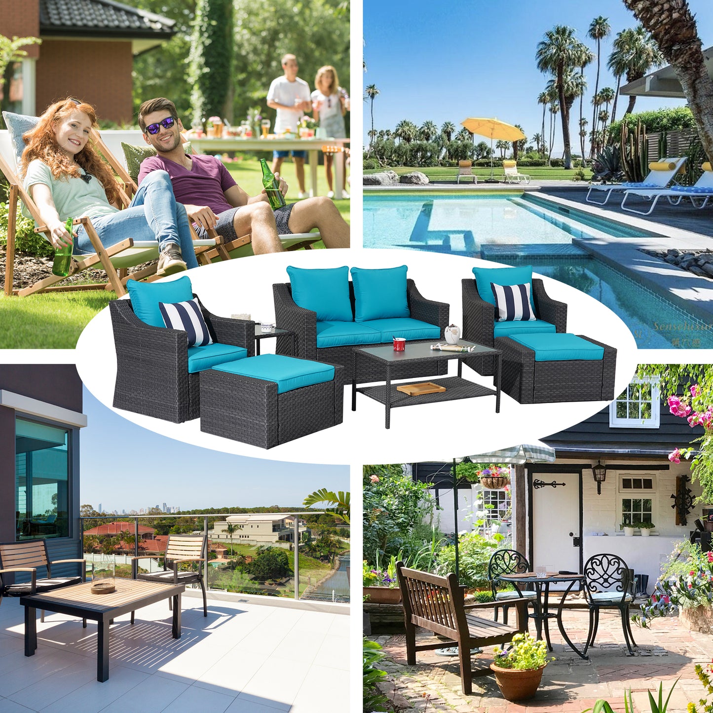Outdoor Patio Sectional Furniture Set, 7 Piece PE Wicker Patio Conversation Sets Couch with Washable Cushions & Glass Table, Outdoor Rattan Sofa for Garden, Lawn, Backyard (Blue)