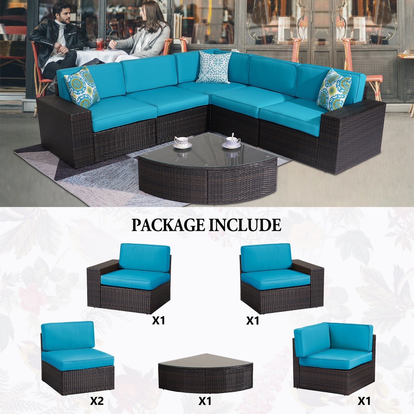Outdoor Patio Furniture Sets, 6-Piece Patio Sectional Furniture Set, All-Weather Rattan Wicker Patio Sofa Chair, Blue