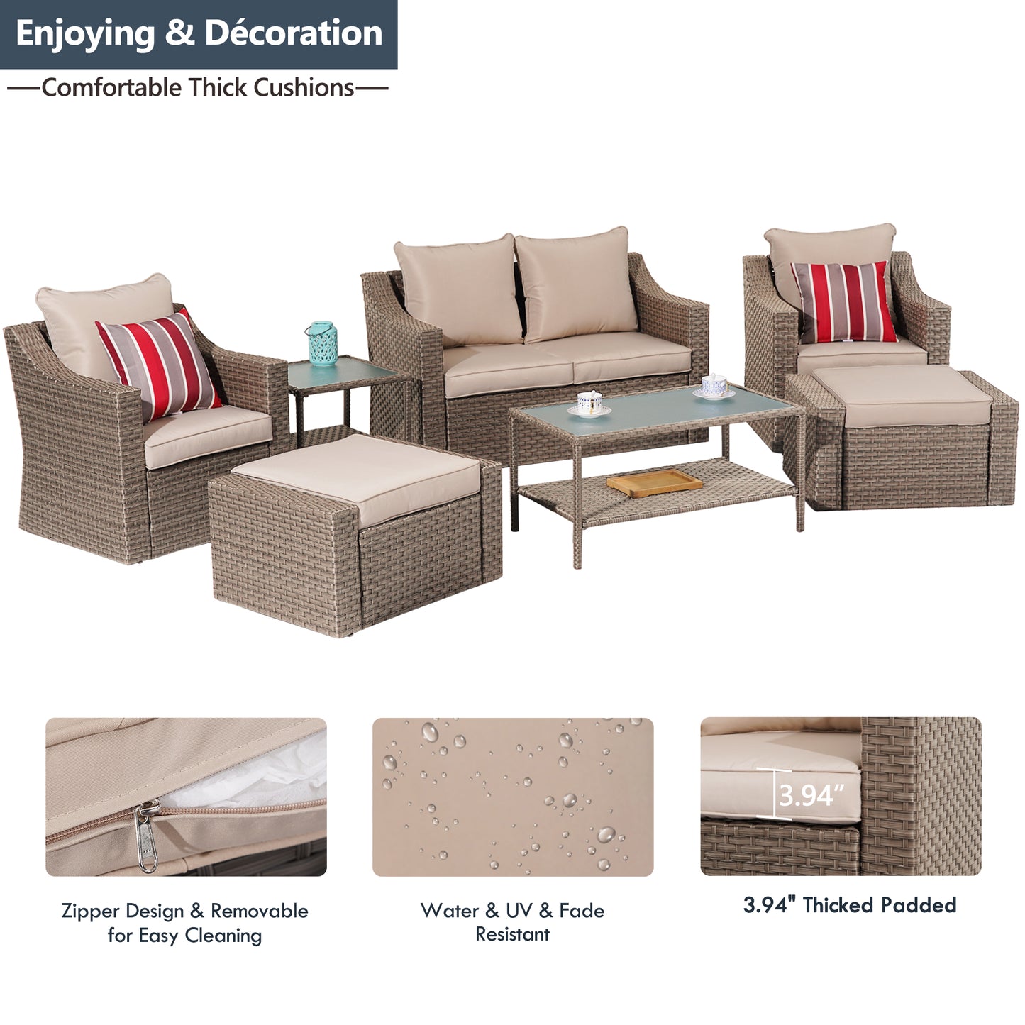 Outdoor Patio Sectional Furniture Set, 7 Piece PE Wicker Patio Conversation Sets Couch with Washable Cushions & Glass Table, Outdoor Rattan Sofa for Garden, Lawn, Backyard (Khaki)