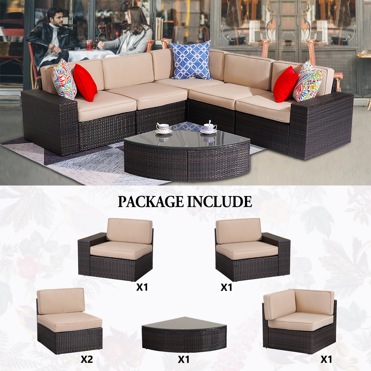 Outdoor Patio Furniture Set, 6-Piece Outdoor Conversation Sets All Weather Rattan Wicker Sectional Sofa Sets, Coffee