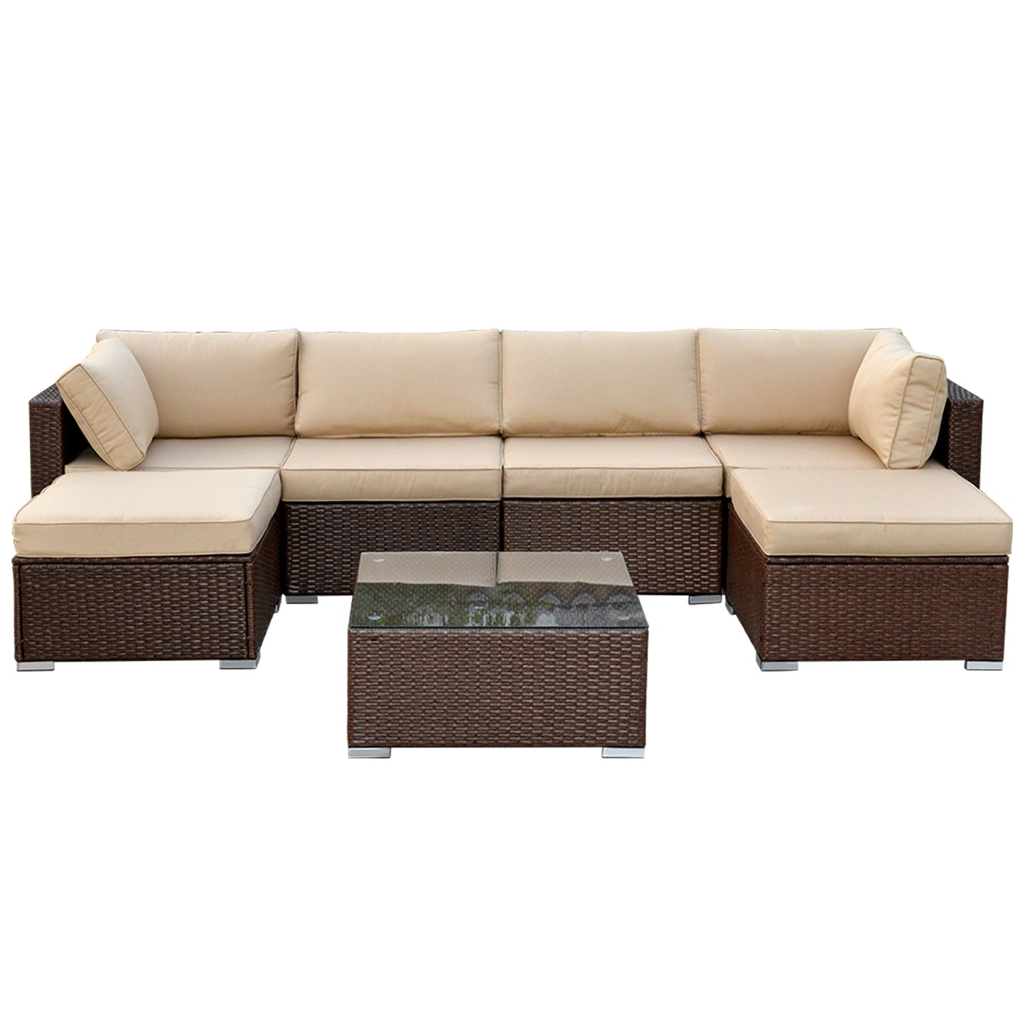 Patio Furniture Sets 9 Piece Outdoor Conversation Set, All Weather Brown PE Wicker Furniture Set with Glass Table, Ottoman Sofas, Removabl Cushions