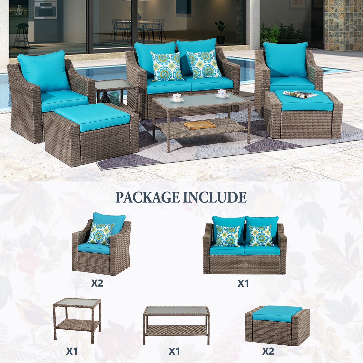 Outdoor Patio Sectional Furniture Set, 7 Piece PE Wicker Patio Conversation Sets Couch with Washable Cushions & Glass Table, Outdoor Rattan Sofa for Garden, Lawn, Backyard (Blue)