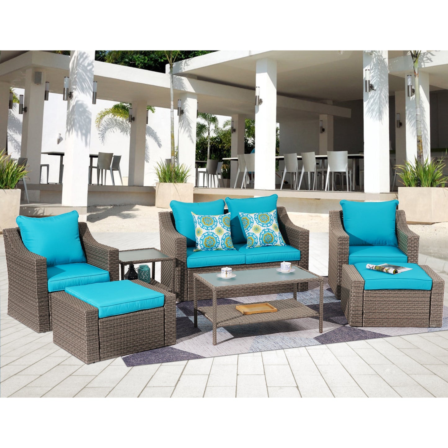 Outdoor Patio Sectional Furniture Set, 7 Piece PE Wicker Patio Conversation Sets Couch with Washable Cushions & Glass Table, Outdoor Rattan Sofa for Garden, Lawn, Backyard (Blue)
