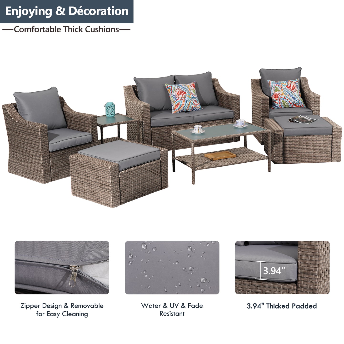 Outdoor Patio Sectional Furniture Set, 7 Piece PE Wicker Patio Conversation Sets Couch with Washable Cushions & Glass Table, Outdoor Rattan Sofa for Garden, Lawn, Backyard (Gray)