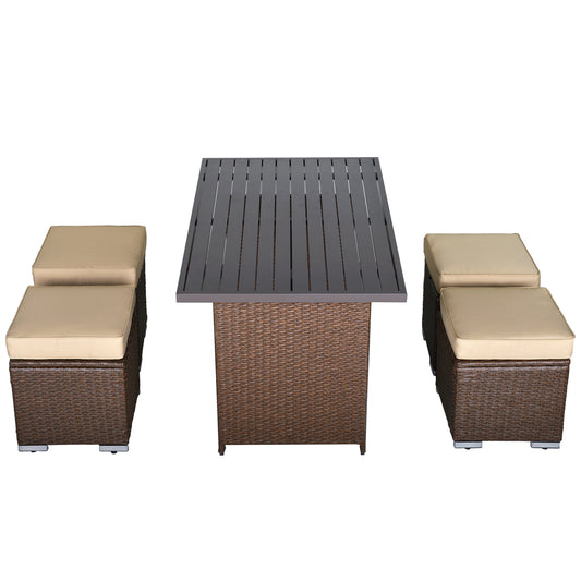 5 Piece Dining Set with 4 Ottoman and Table, Brown - Sunvivi