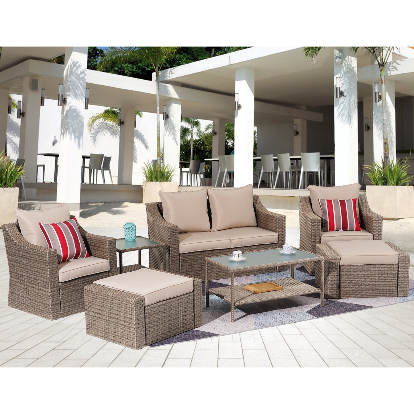 Outdoor Patio Sectional Furniture Set, 7 Piece PE Wicker Patio Conversation Sets Couch with Washable Cushions & Glass Table, Outdoor Rattan Sofa for Garden, Lawn, Backyard (Khaki)