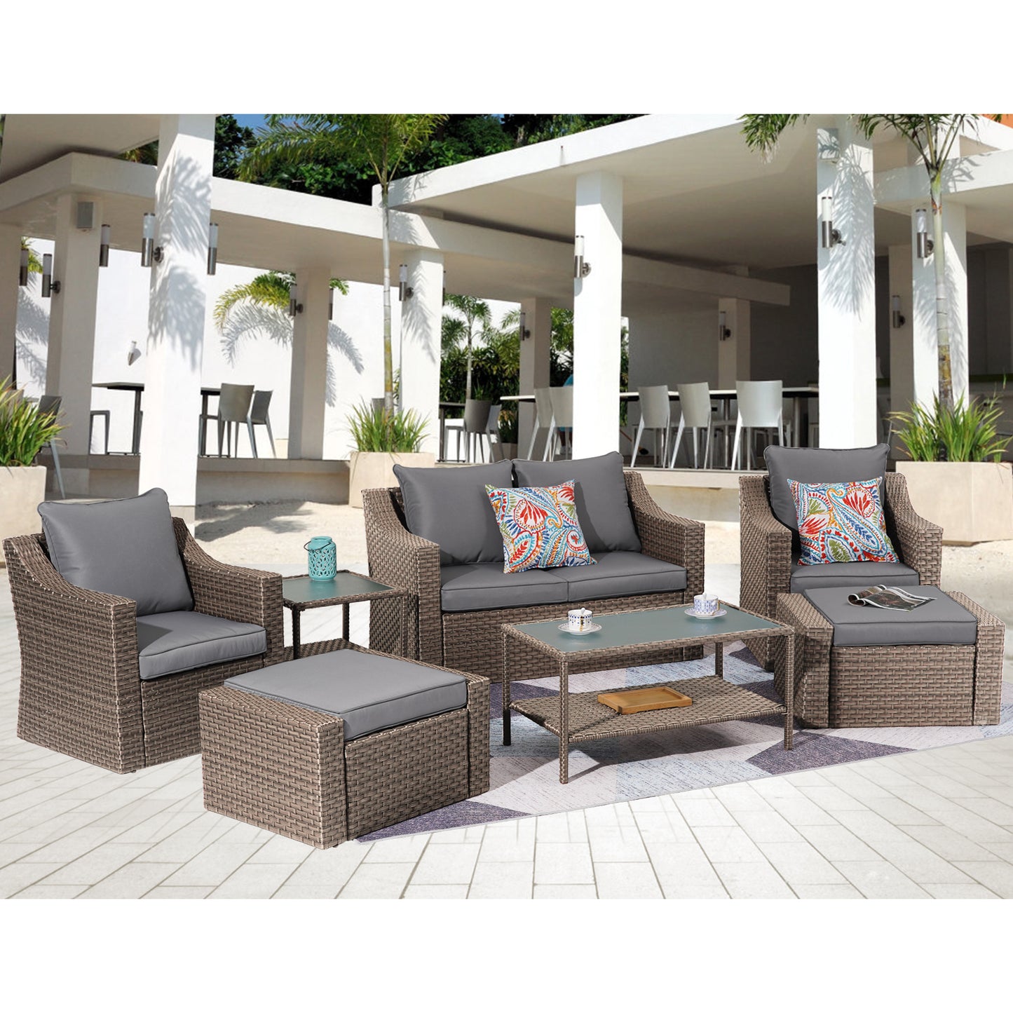 Outdoor Patio Sectional Furniture Set, 7 Piece PE Wicker Patio Conversation Sets Couch with Washable Cushions & Glass Table, Outdoor Rattan Sofa for Garden, Lawn, Backyard (Gray)